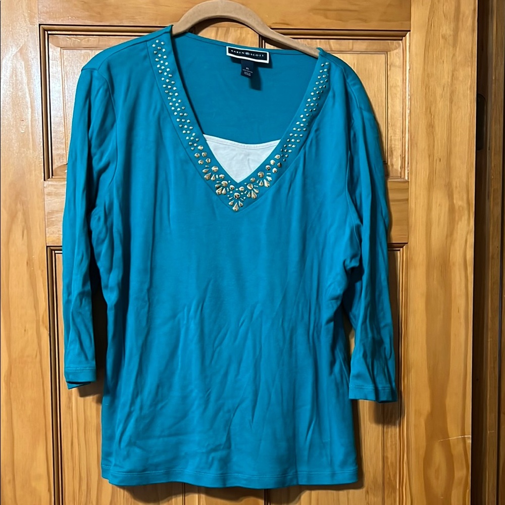 Karen Scott Teal V-Neck Embellished Women's Top